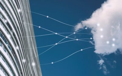 Modern building connected with Cloud by lines and dots, Cloud Technology concept.